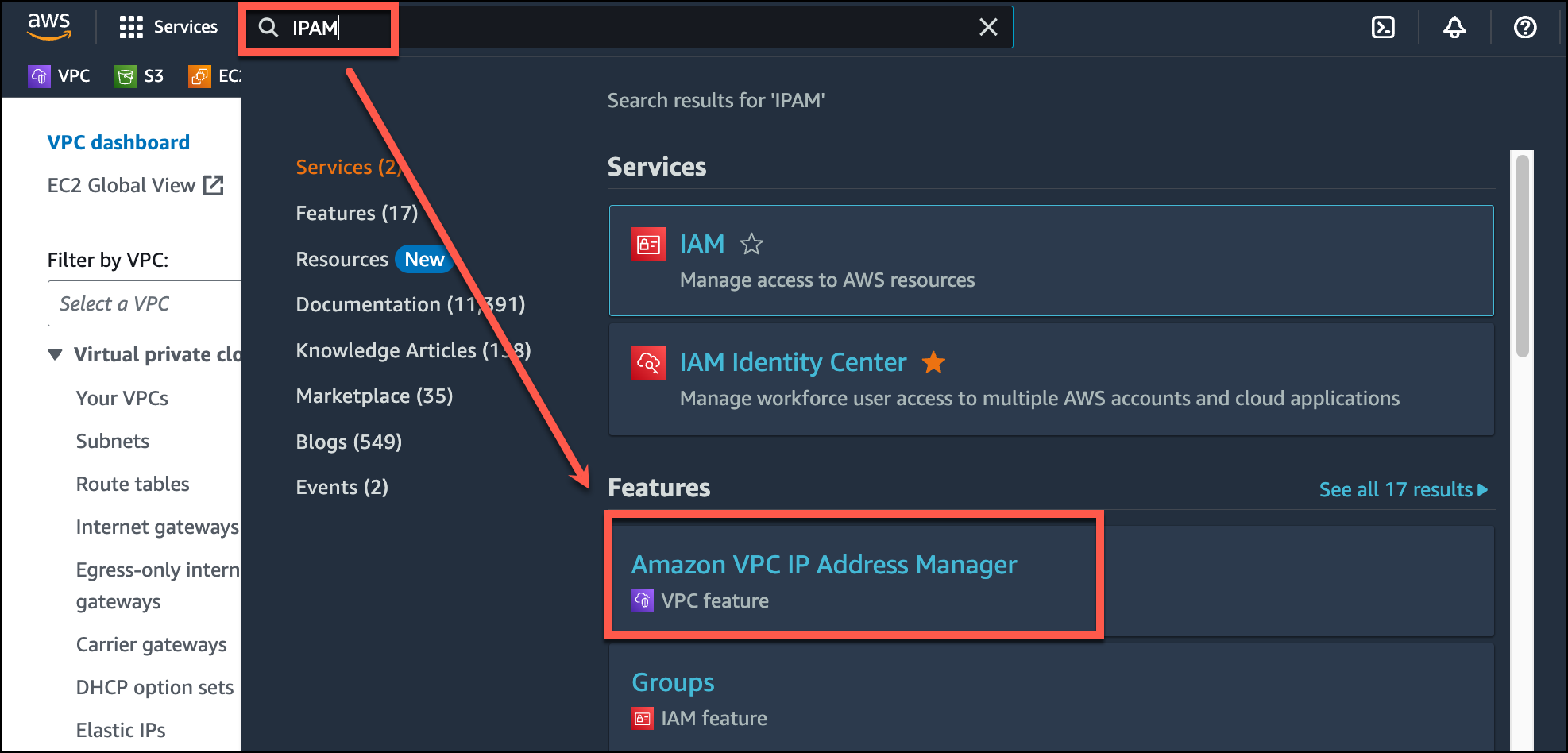 在 AWS 主控台搜尋 Amazon VPC IP Address Manager 在 AWS 主控台搜尋 Amazon VPC IP Address Manager