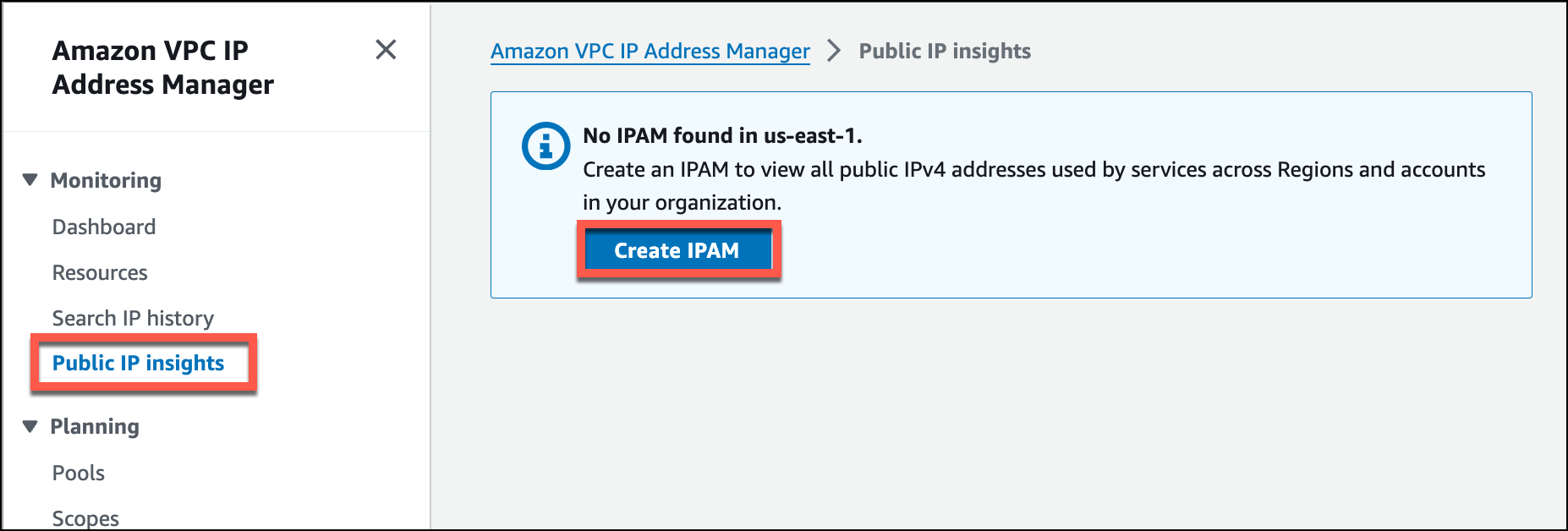 使用 public IP insights 前先建立 IPAM 使用 public IP insights 前先建立 IPAM